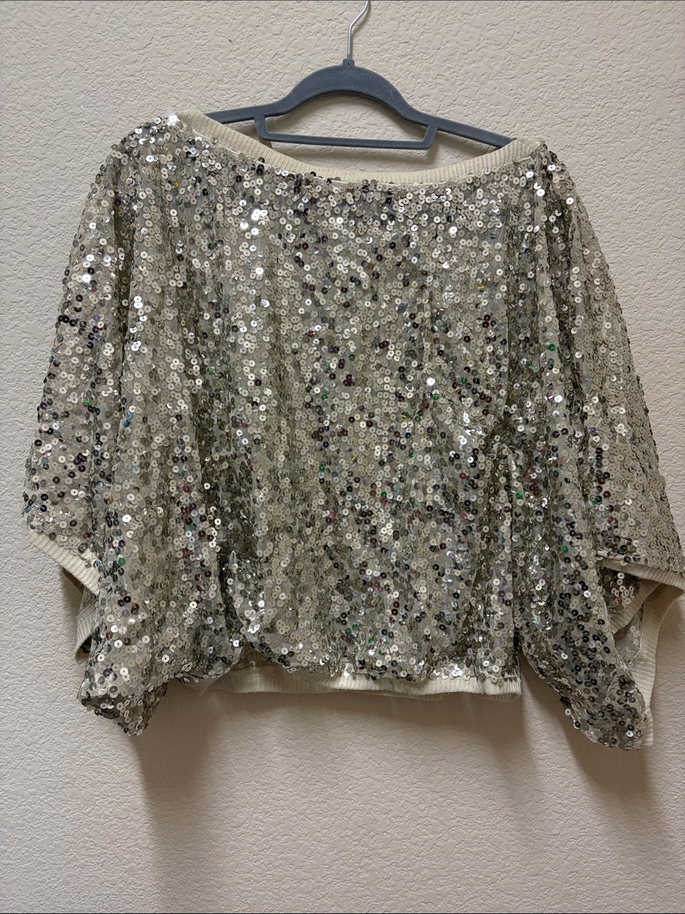 Green Envelope Sequin Off-Shoulder Top in Champagne Gold